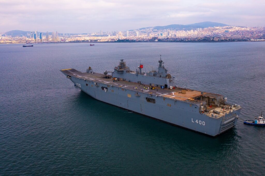 Türkiye’s multipurpose amphibious assault ship and flagship-to-be TCG Anadolu is seen off the coast of Istanbul, Türkiye, Feb. 27, 2022. (AA Photo)