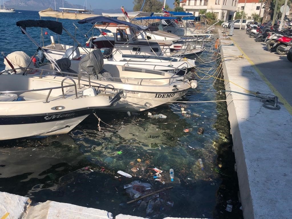 Pollutants are seen floating at the marina in Muğla's Datça district, Türkiye, July 25, 2023. (IHA Photo)