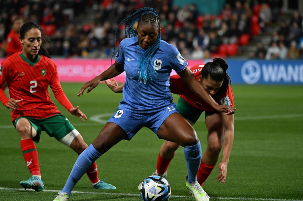France's Kadidiatou Diani is challenged during the Women's World Cup round of 16 match against Morocco at Hindmarsh Stadium, Adelaide, Australia, Aug. 8, 2023. (AFP Photo)