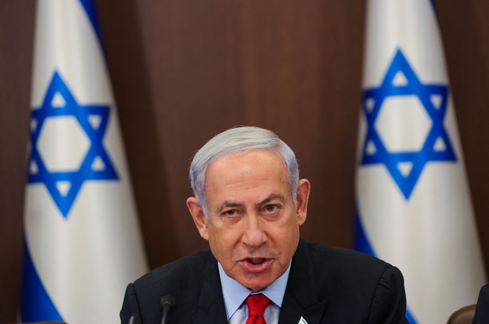 Israel's Prime Minister Benjamin Netanyahu speaks during the weekly cabinet meeting in the prime minister's office in Jerusalem, July 30, 2023. (AFP Photo)