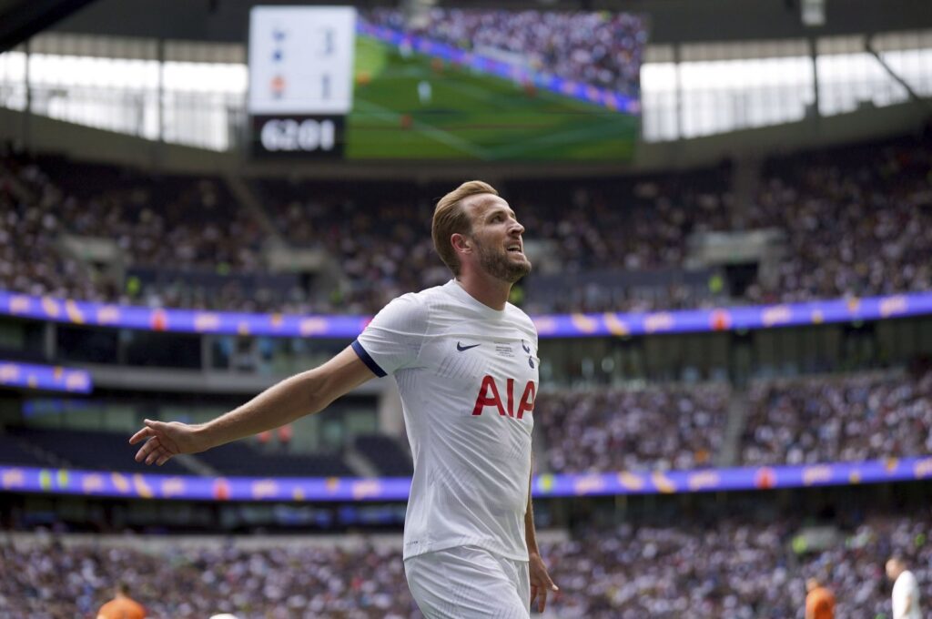 Tottenham Hotspur's Harry Kane during the pre-season friendly soccer match between Tottenham and Shakhtar Donetsk, at the Tottenham Hotspur Stadium, London Sunday August 6, 2023. (Yui Mok/PA via AP)