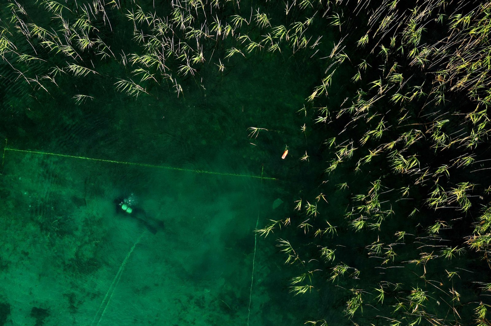 A diver searches for archaeological material in Lake Ohrid, southeastern Albania, July 27, 2023. (AFP Photo)