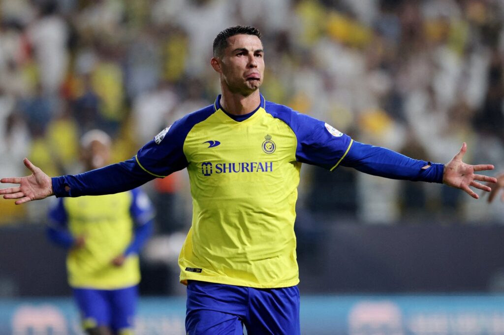 Al-Nassr's Cristiano Ronaldo celebrates scoring their third goal during the Saudi Pro League match against Al-Shabab at KSU Stadium, Riyadh, Saudi Arabia, May 23, 2023. (Reuters Photo)