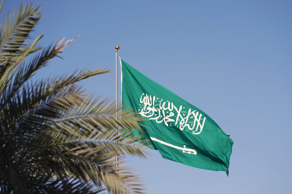 Saudi Arabia's flag behind a palm tree in this undisclosed location. (Shutterstock File Photo)