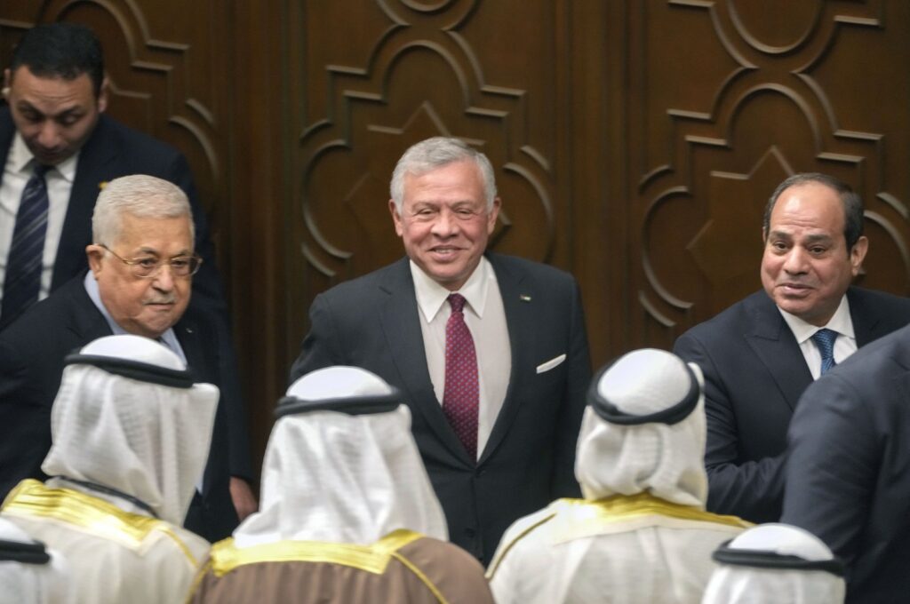 Egyptian President Abdel-Fattah el-Sissi, right, Palestinian President Mahmoud Abbas, left, and King Abdullah II of Jordan, leave a conference to support Jerusalem at the Arab League headquarters in Cairo, Egypt, Sunday, Feb. 12, 2023. (AP File Photo)