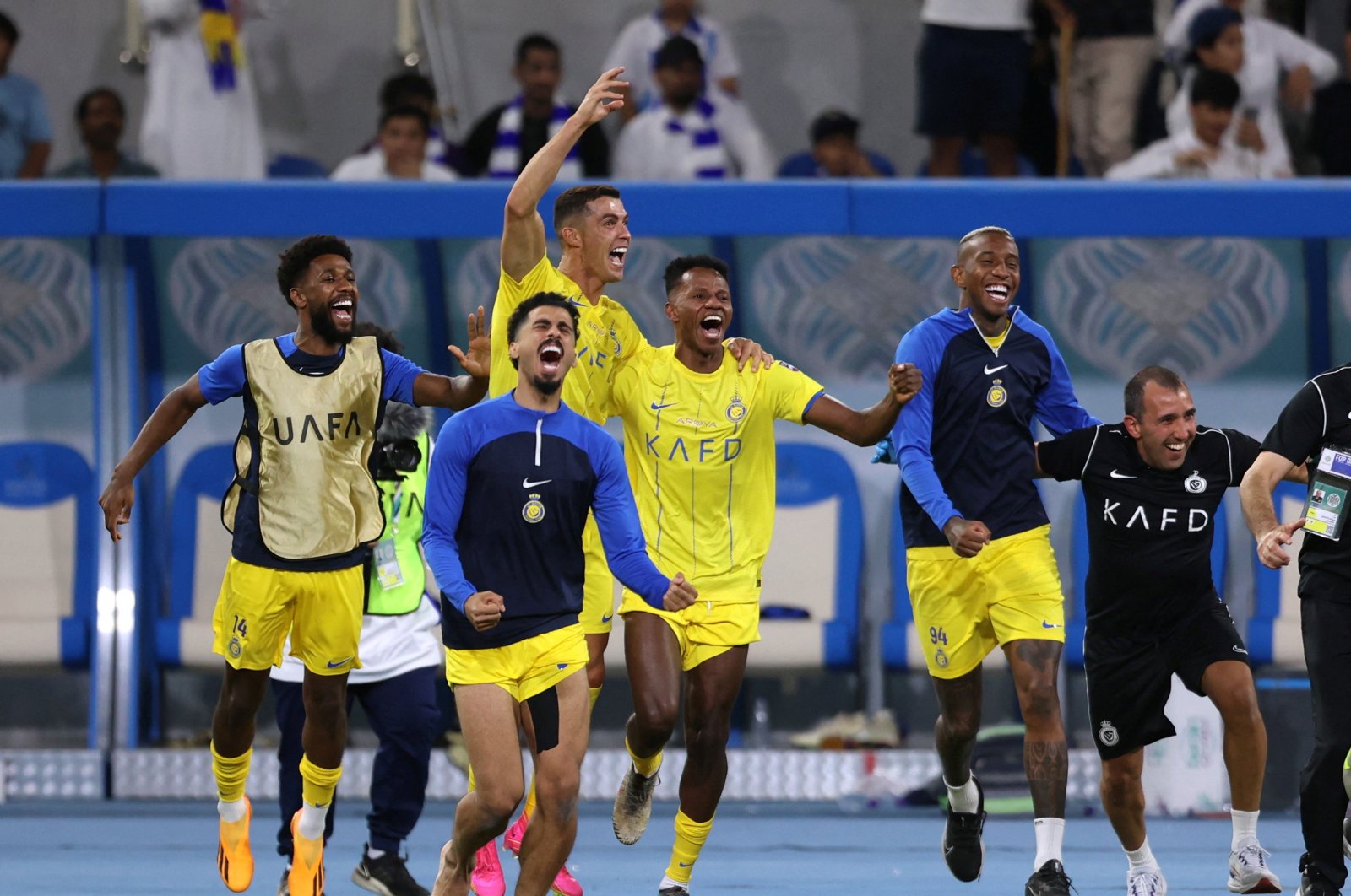 Al Nassr's Cristiano Ronaldo celebrates with teammates after winning the Arab Club Champions Cup final at King Fahd Stadium, Taif, Saudi Arabia, Aug. 12, 2023 (Reuters Photo)