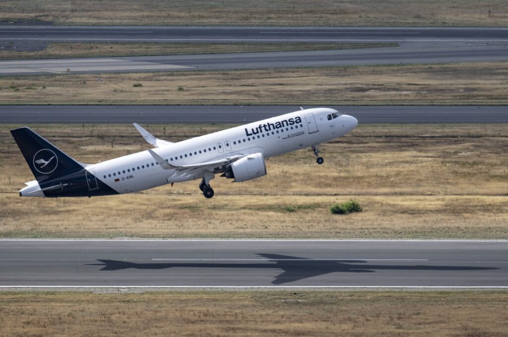 A Lufthansa Airbus A320neo takes off at Frankfurt Airport, Germany, July 17, 2023. (AP Photo)