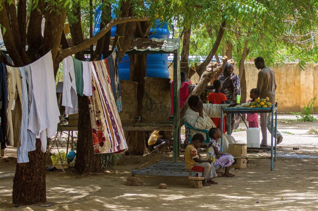 A man sits in front of a fruit stall under the shade of a tree at a camp for the internally displaced in al-Suwar, about 15 kilometers north of Wad Madani, Sudan, June 22, 2023. (AFP Photo)