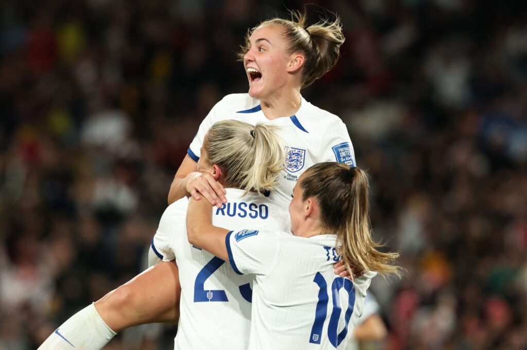 England players celebrate a goal during the 2023 Women's World Cup quarterfinal against Colombia, Sydney, Australia, Aug. 12, 2023. (AFP Photo)