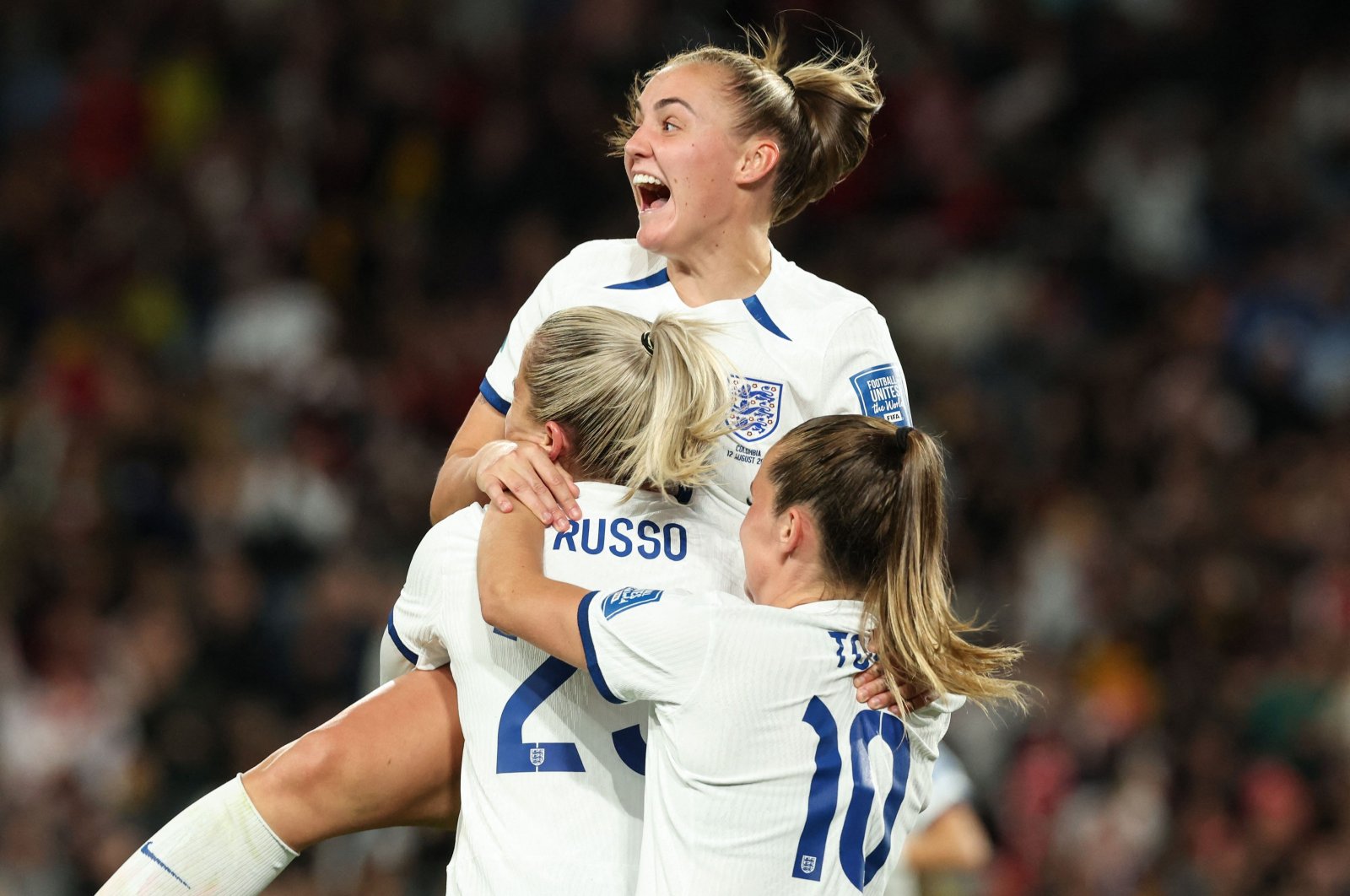 England players celebrate a goal during the 2023 Women's World Cup quarterfinal against Colombia, Sydney, Australia, Aug. 12, 2023. (AFP Photo)