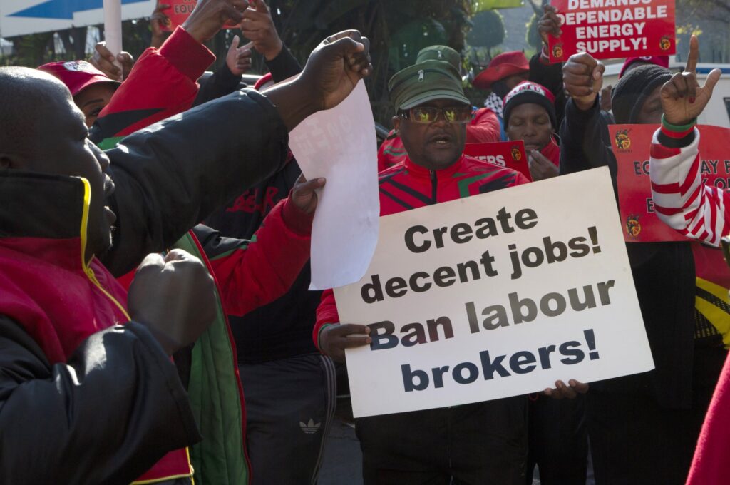 Members of the Congress of South Africa Trade Unions take part in an unemployment protest march in Johannesburg, South Africa, July 6, 2023. (AP Photo)