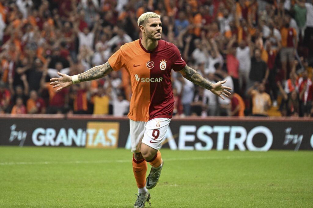 Galatasaray's Mauro Icardi celebrates after scoring during the Champions League round 3 match against Olimpija Ljubljana, Istanbul, Türkiye, Aug. 15, 2023. (AA Photo)