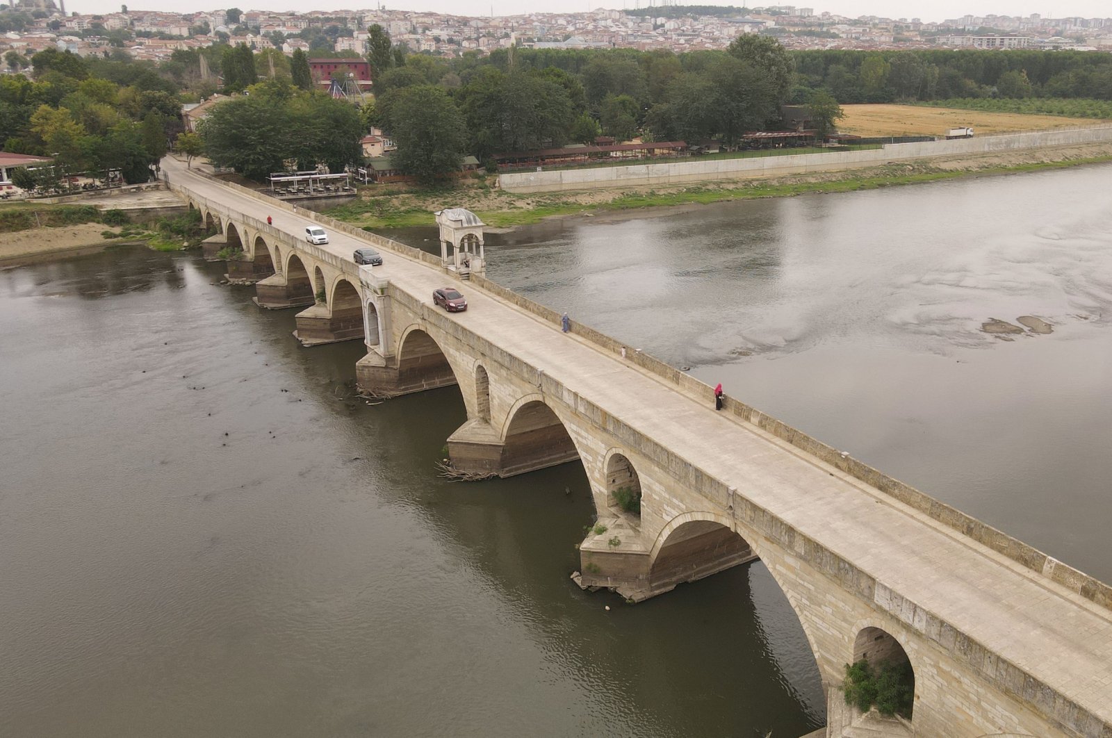 The base of a historical wooden bridge emerges from the bed of the Meriç River due to drought, Edirne, Türkiye, Aug. 16, 2023. (AA Photo)