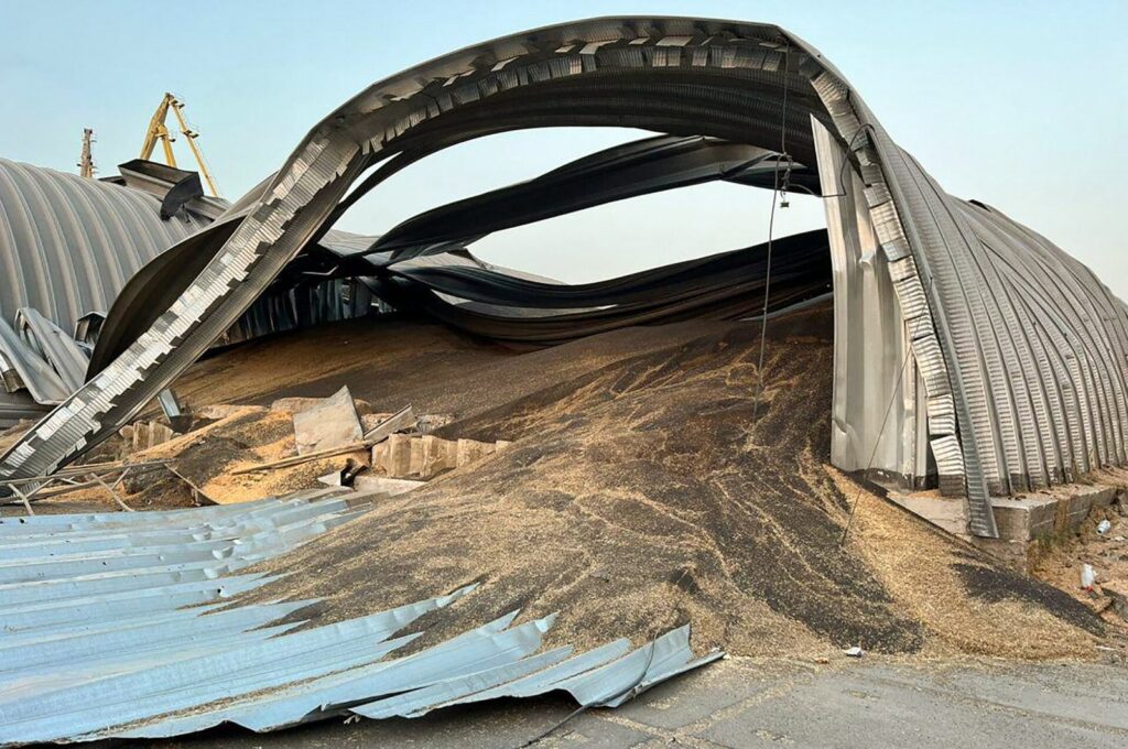 A handout picture made available by Oleh Kiper, the head of the Odesa Regional Administration, shows a grain depot at the damaged grain terminal of a port on the Danube River, Odesa region, southern Ukraine, Aug. 16, 2023 (EPA via Odesa Regional Administration handout)