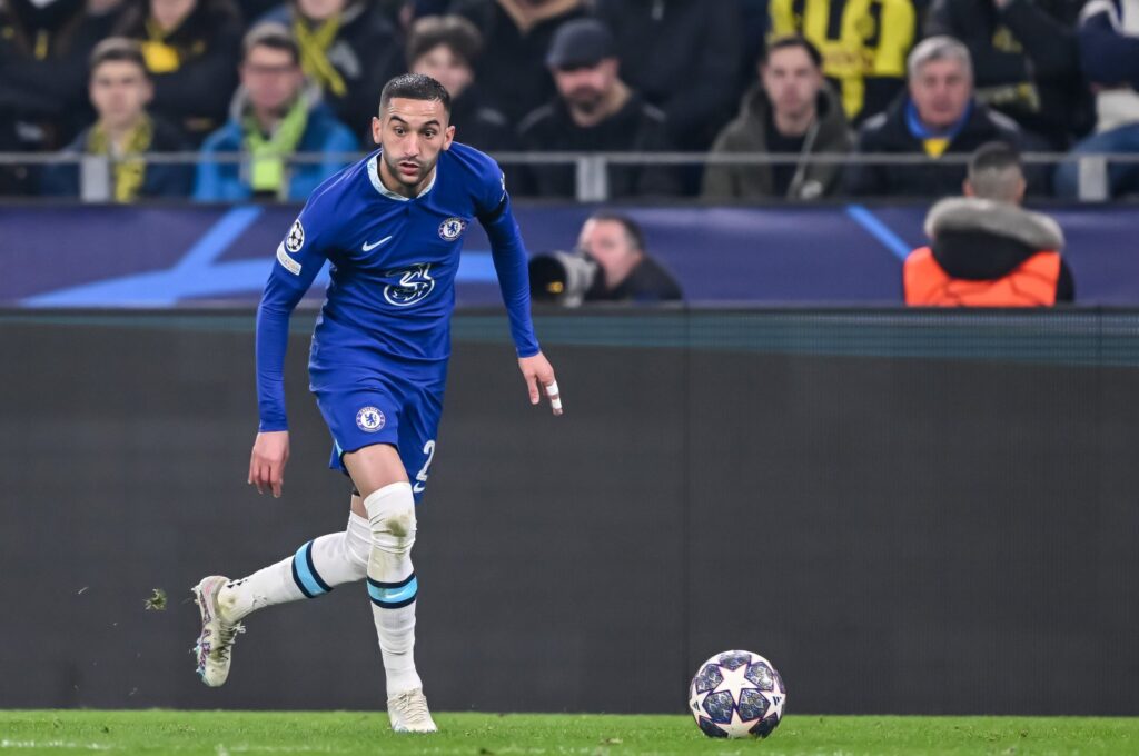 Chelsea's Hakim Ziyech controls the Ball during the UEFA Champions League round of 16 leg one match against Borussia Dortmund at Signal Iduna Park, Dortmund, Germany, Feb. 15, 2023. (Getty Images Photo)