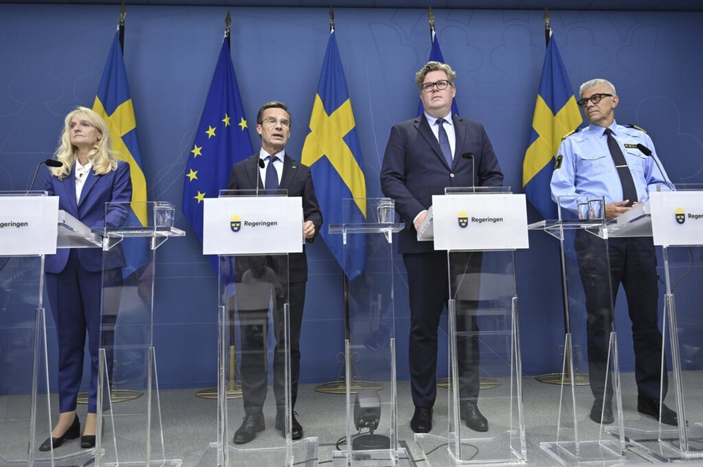 From left, Sweden's Security Police Chief Charlotte von Essen, Prime Minister Ulf Kristersson, Justice Minister Gunnar Strommer and National Police Commissioner Anders Thornberg attend a news conference in Stockholm, Sweden, Thursday, Aug. 17, 2023. (AP Photo)