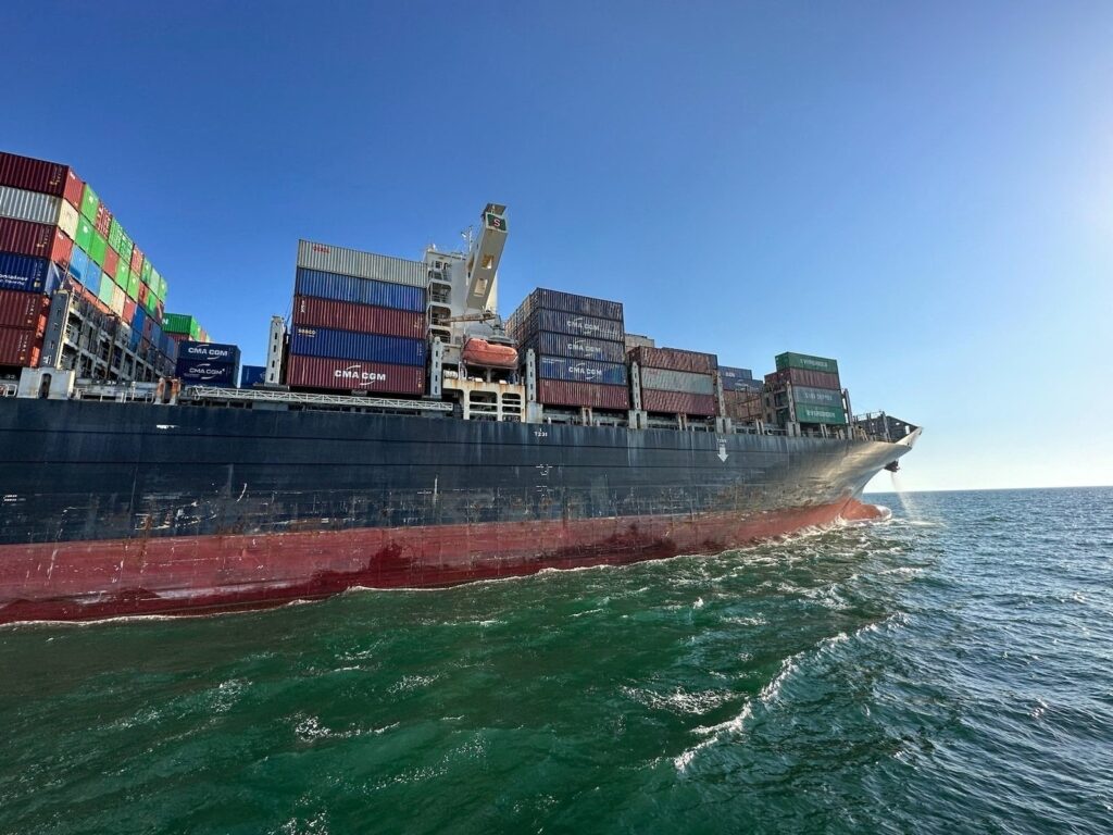 Hong Kong-flagged container ship Joseph Schulte leaves the seaport, amid Russia's attack on Ukraine, in Odesa, Ukraine, in this handout picture released Aug.16, 2023. (Ukrainian Deputy Prime Minister Oleksandr Kubrakov via Facebook/Handout via Reuters)