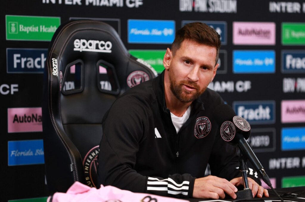 Inter Miami's Lionel Messi reacts during a press conference at DRV PNK Stadium, Florida, U.S., Aug. 17, 2023. (Getty Images Photo)