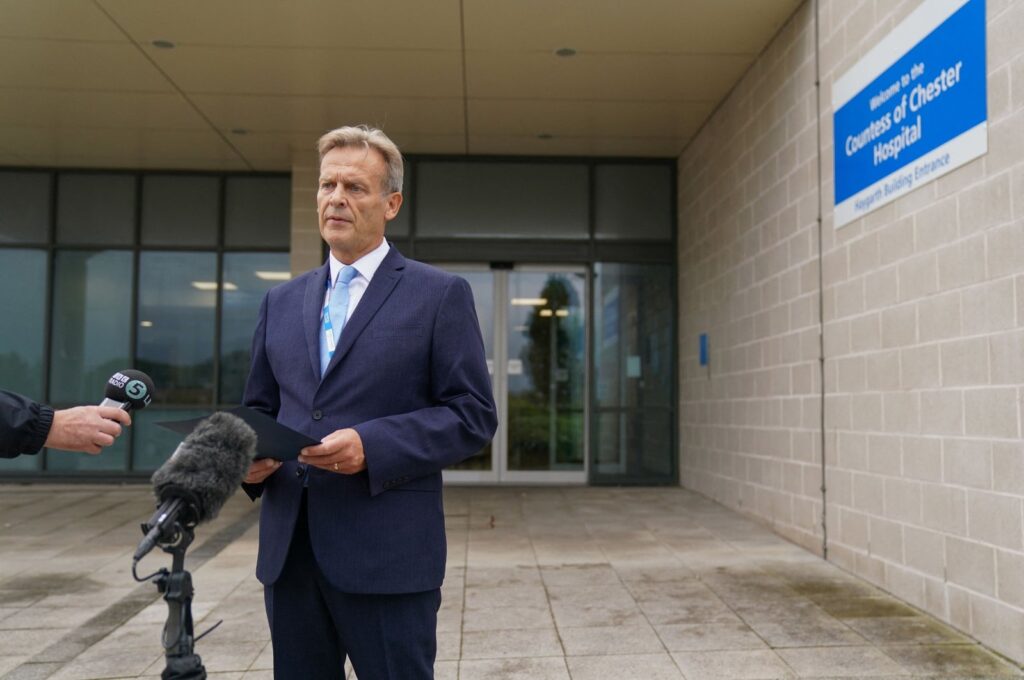 Countess of Chester Hospital, Medical Director, Nigel Scawn, delivers a statement to the media outside of the hospital, in Chester, northwest England on Aug. 18, 2023. (AFP Photo)