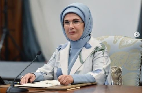 Emine Erdoğan is seen addressing a conference of United Nations, Ankara, Türkiye, Aug. 20, 2023. (AA Photo)