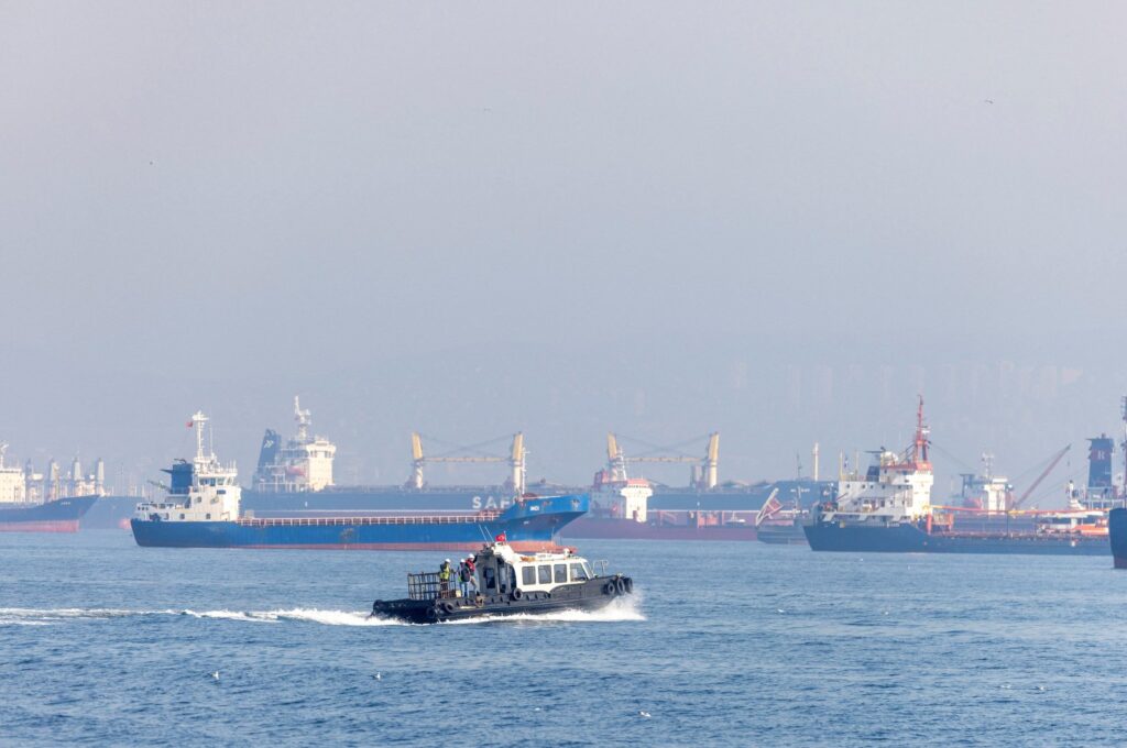 The Joint Coordination Centre officials for grain deal implementation sail through cargo ship Mehmet Bey as she waits off the coast, in Istanbul, Türkiye, October 31, 2022. (Reuters Photo)