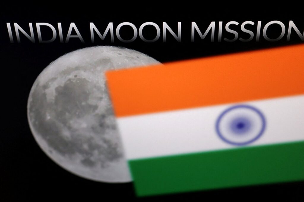 The words "India Moon Mission," Moon, and an Indian flag are seen in this illustration, Aug. 21, 2023. (Reuters Photo)