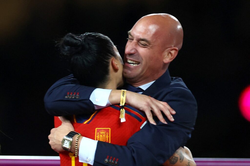 Spain's Jennifer Hermoso celebrates with President of the Royal Spanish Football Federation Luis Rubiales after the Women's World Cup final against England at the Stadium Australia, Sydney, Australia, Aug. 20, 2023. (Reuters Photo)