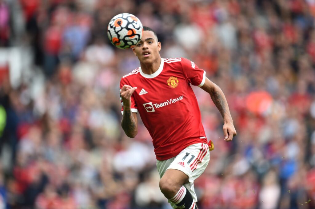 Manchester United's Mason Greenwood in action during the English Premier League match against Aston Villa, Manchester, UK., Sept. 25, 2021. (EPA Photo)