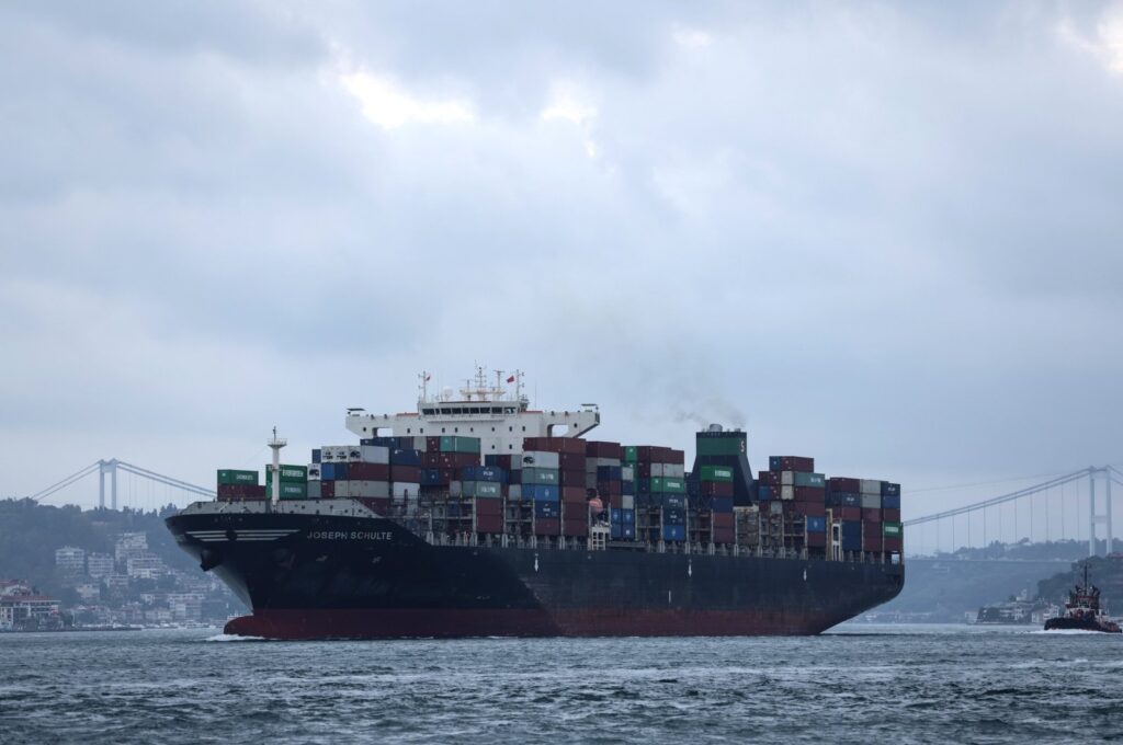 The Hong Kong-flagged Joseph Schulte, the first cargo ship to leave Ukraine's Odesa port since the end of the grain deal sails on the Bosporus in Istanbul, Türkiye, Aug. 2023. (EPA Photo)