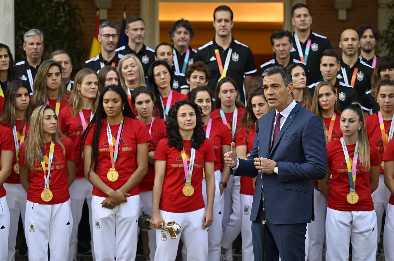 Spain's Prime Minister Pedro Sanchez speaks during the World Cup champions homecoming celebrations at the Moncloa Palace, Madrid, Spain, Aug. 22, 2023. (AA Photo)