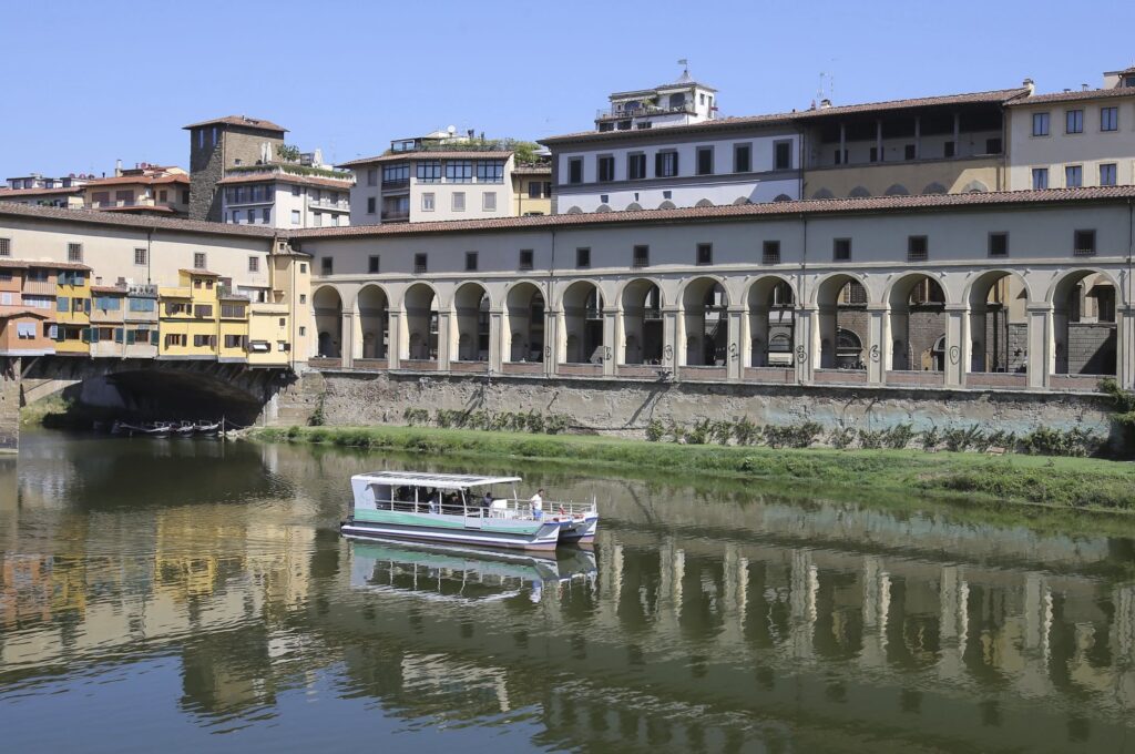 Spraypainted graffiti marks seven pilasters of the "Corridoio Vasariano" in Florence, central Italy, Aug. 23, 2023. (AP Photo)