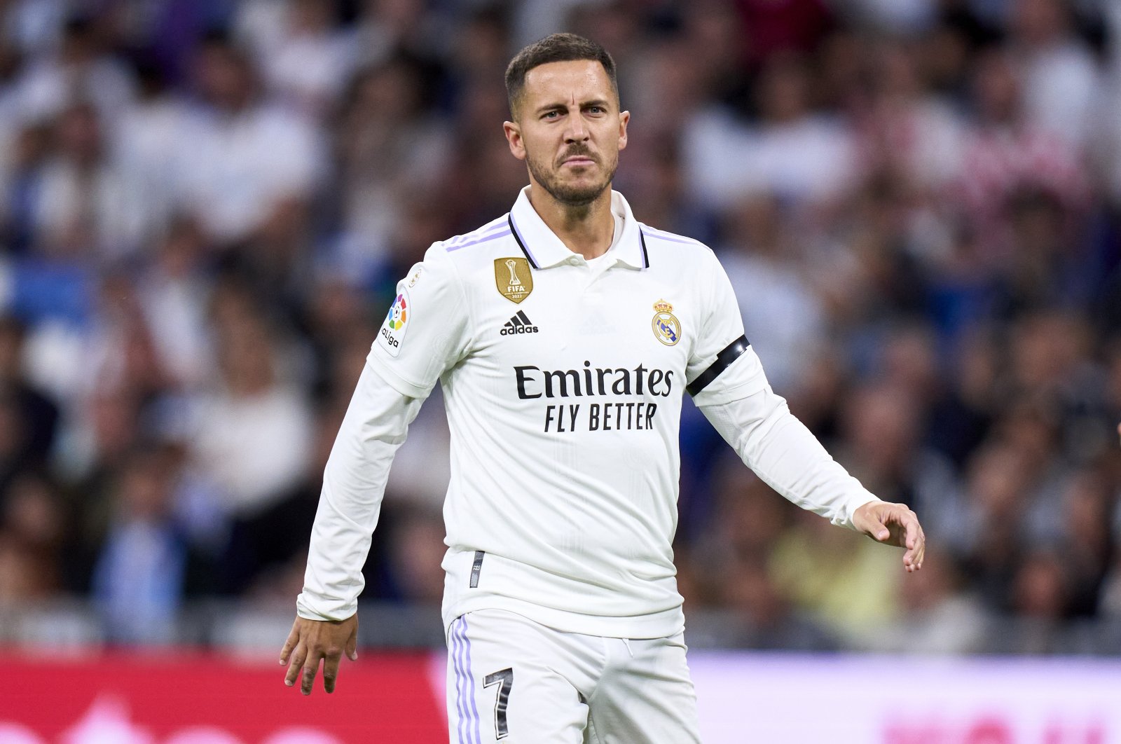 Former Real Madrid forward Eden Hazard of Real Madrid looks on during the La Liga Santander match between Real Madrid CF and Getafe CF at Estadio Santiago Bernabeu, Madrid, Spain, May 13, 2023. (Getty Images Photo)