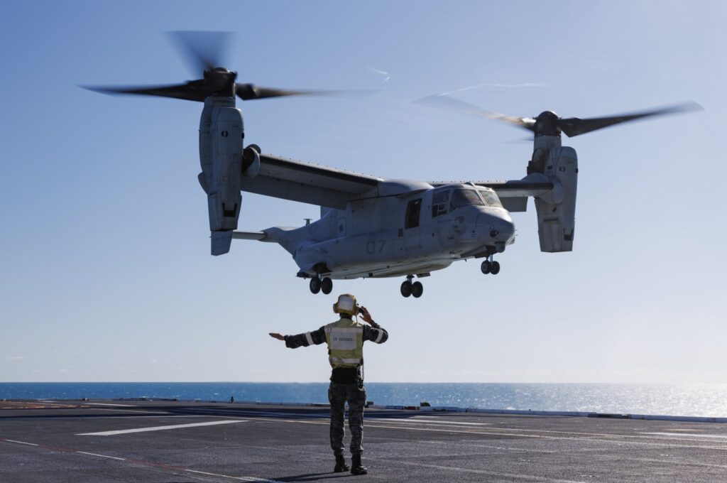 The U.S. Marines were onboard a MV-22B Osprey tilt-rotor aircraft.