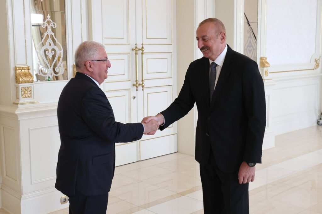 Azerbaijani President Ilham Aliyev receives Turkish National Defense Minister Yaşar Güler at the Zagulba Presidential Residence in Baku, Azerbaijan, Aug. 27, 2023. (AA Photo)