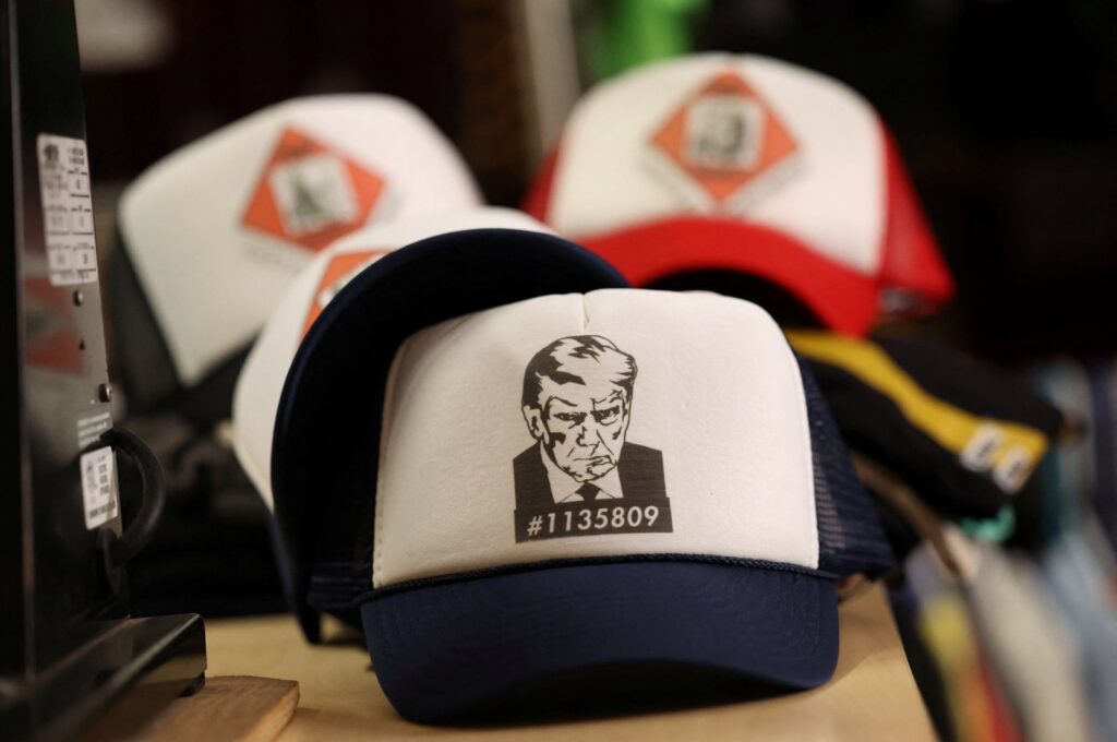 Hats with an image depicting the mug shot of former President Donald Trump are seen in Los Angeles, California, U.S., Aug. 25, 2023. (Reuters Photo)