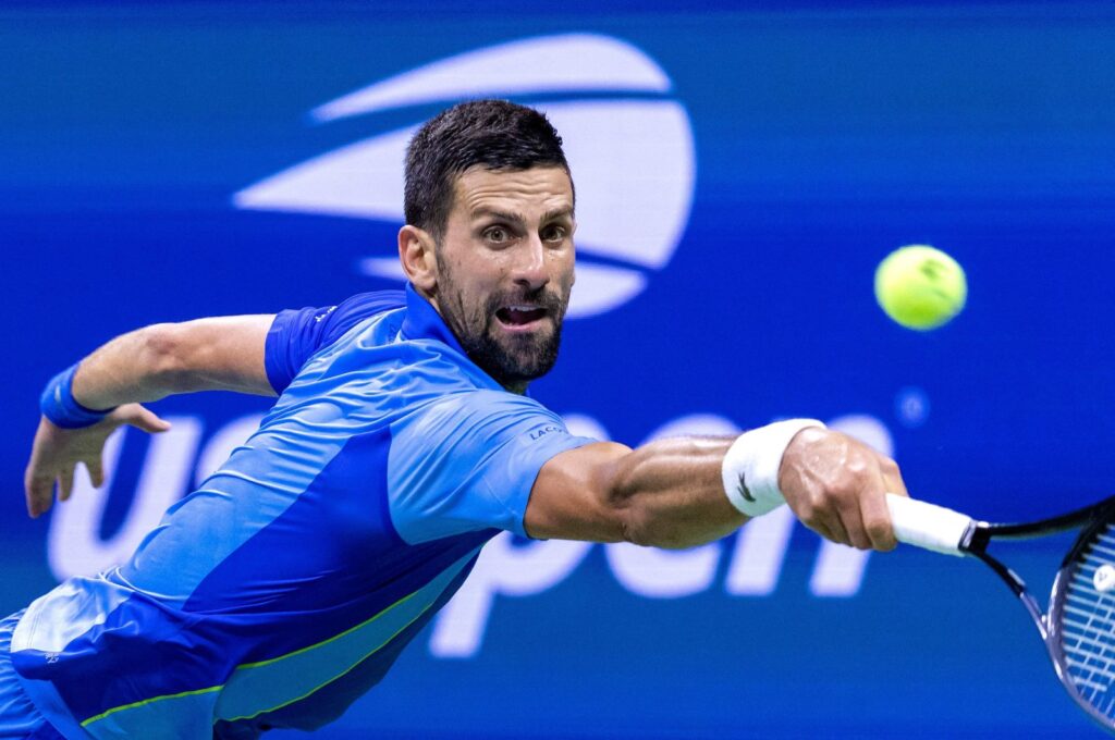 Serbia's Novak Djokovic plays a backhand return against France's Alexandre Muller during the US Open tennis tournament men's singles first round match at the USTA Billie Jean King National Tennis Center, New York City, U.S., Aug. 28, 2023. (AFP Photo)