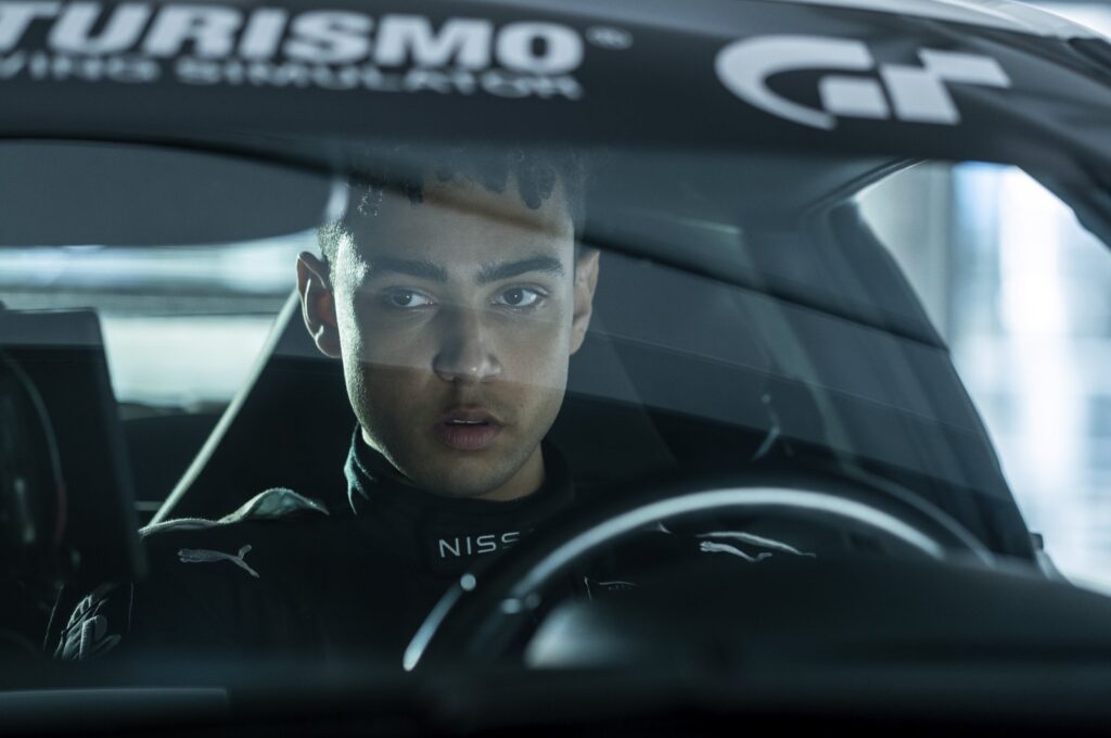 This image released by Columbia Pictures shows Archie Madekwe in a scene from "Gran Turismo." (AP Photo)