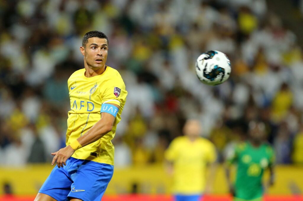 Nassr's Portuguese forward Cristiano Ronaldo eyes the ball during the 2023 Arab Club Champions Cup semifinal football match between Saudi Arabia's Al-Nassr and Iraq's Al-Shorta at Prince Sultan bin Abdul Aziz Stadium, Abha, Saudi Arabia, Aug. 9, 2023. (AFP Photo)