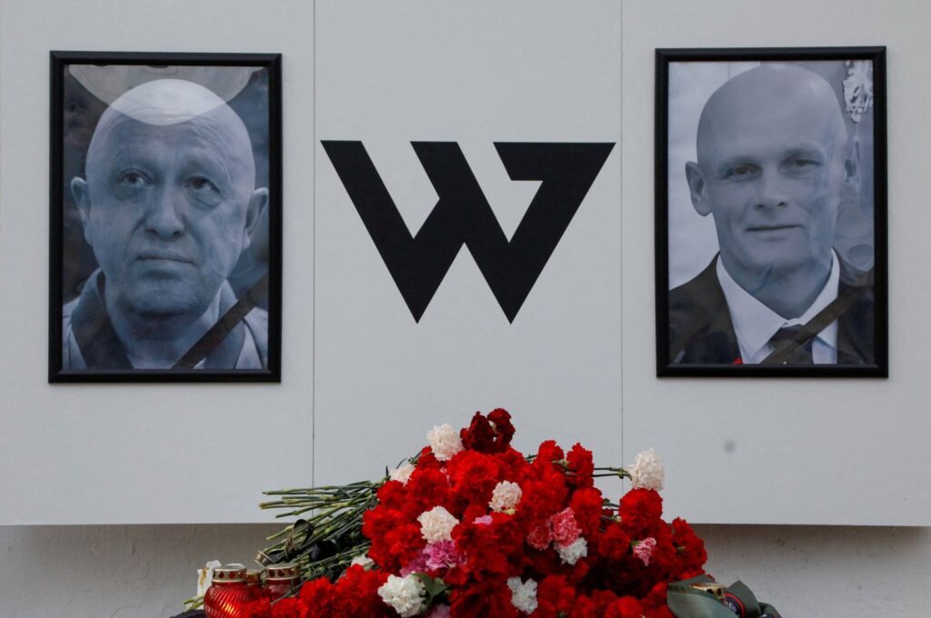 Portraits of Yevgeny Prigozhin, head of the Wagner mercenary group, and Dmitry Utkin, group commander, are seen at a makeshift memorial in Nizhny Novgorod, Russia Aug. 27, 2023.  (Reuters File Photo)