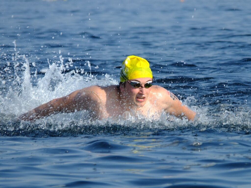 A competitor swims in the 36th Çanakkale Strait Wilusa Rotary Swimming Race, Çanakkale, Türkiye, Aug. 30, 2023. (IHA Photo)