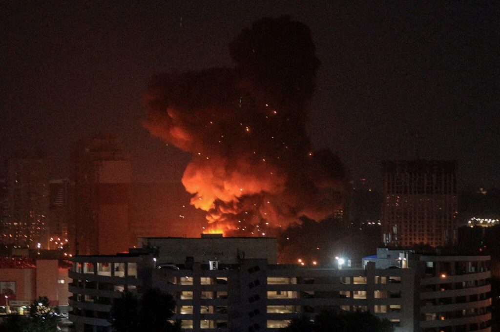 An explosion is seen in the sky over the city during a Russian missile strike in Kyiv, Ukraine, Aug. 30, 2023. (Reuters Photo)