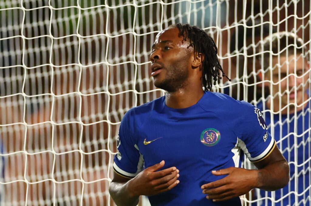 Chelsea's Raheem Sterling celebrates scoring their first goal against Luton Town at the Stamford Bridge, London, U.K., Aug. 25, 2023. (Reuters Photo)