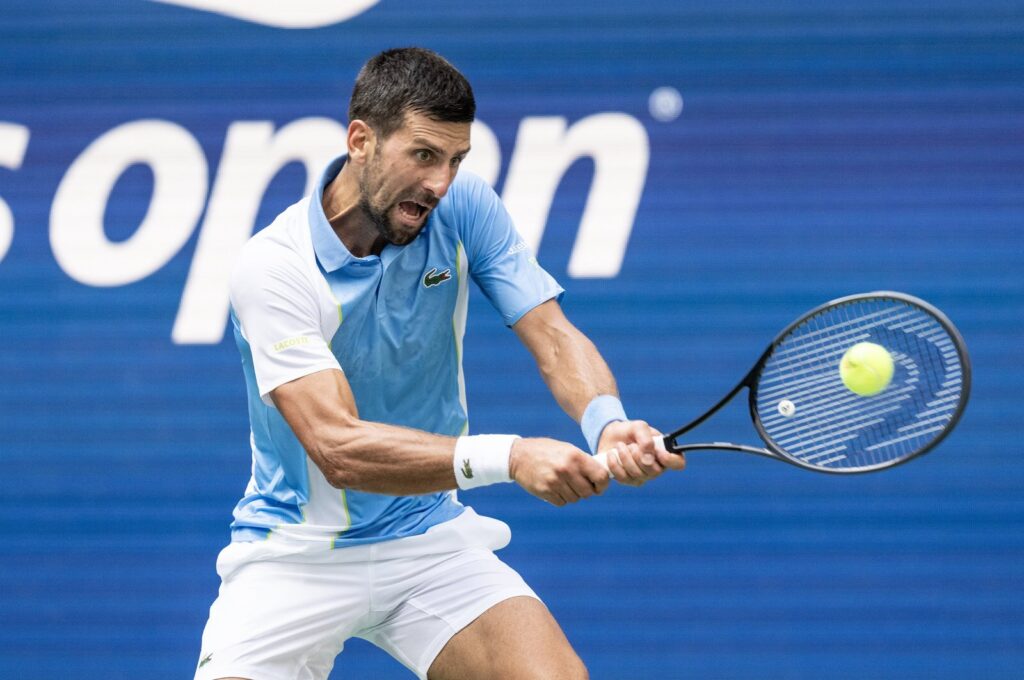Serbia's Novak Djokovic hits to Spain's Bernabe Zapata Miralles on day three of the 2023 U.S. Open tennis tournament at USTA Billie Jean King National Tennis Center, New York, Aug 30, 2023. (AA Photo)