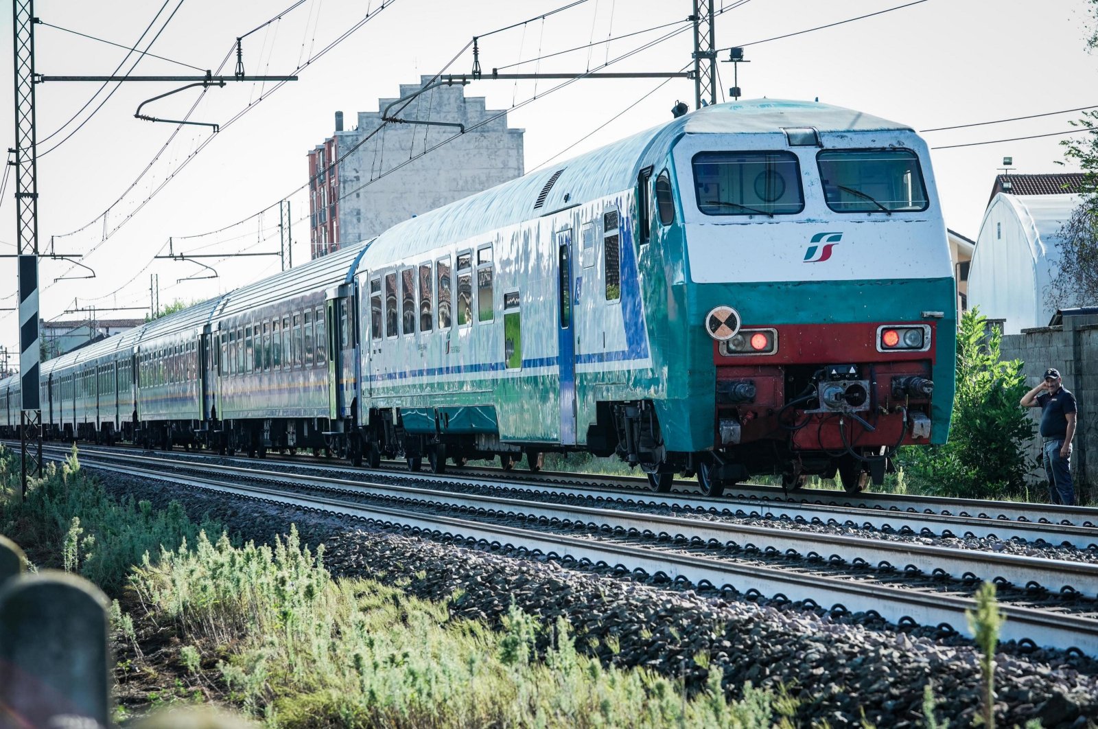 A general view of the train that hit railway workers in Turin, Italy, Aug. 31, 2023. (EPA Photo)