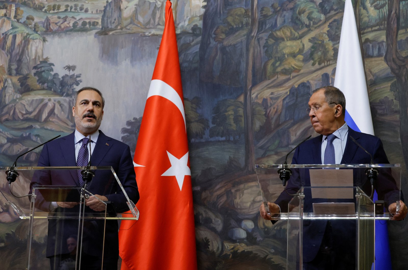 Foreign Minister Hakan Fidan and Russian Foreign Minister Sergeiy Lavrov hold a joint news conference in Moscow, Russia, Aug. 31, 2023. (Reuters Photo)