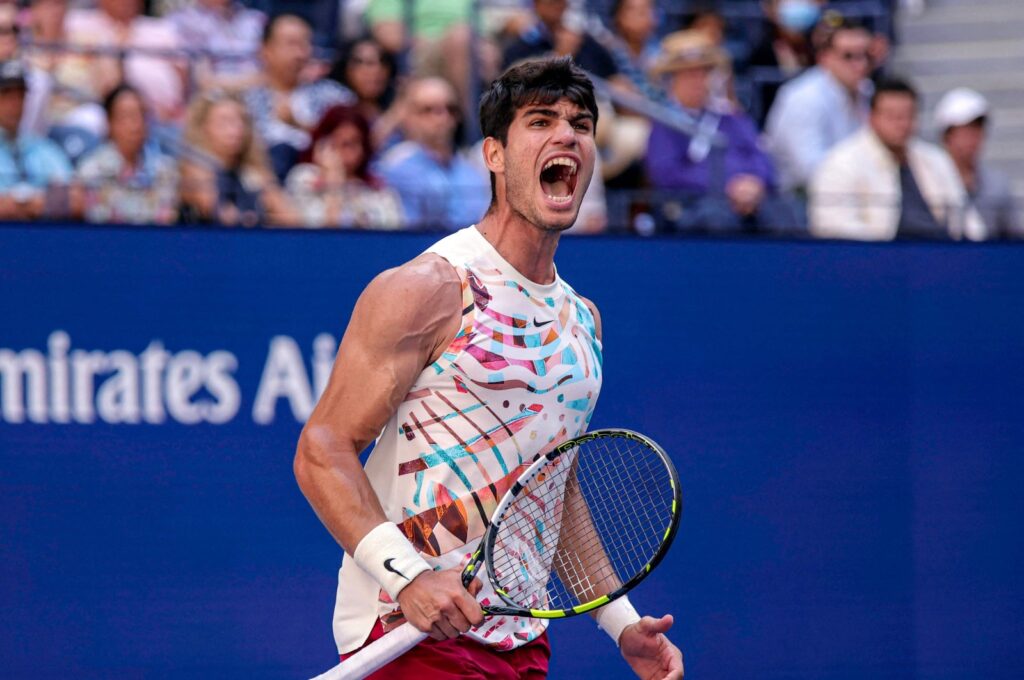 Spain's Carlos Alcaraz celebrates a point against Britain's Daniel Evans during their U.S. Open tennis tournament men's singles third round match at the USTA Billie Jean King National Tennis Center, New York, U.S., Sept. 2, 2023. (AFP Photo)