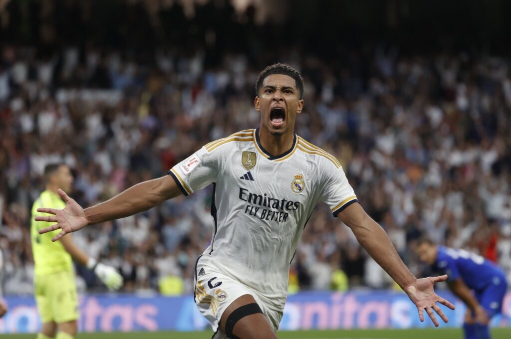 Real Madrid's Jude Bellingham celebrates after scoring the 2-1 goal during the Spanish LaLiga match between Real Madrid and Getafe CF, Madrid, Spain, Sept. 2, 2023. (EPA Photo)