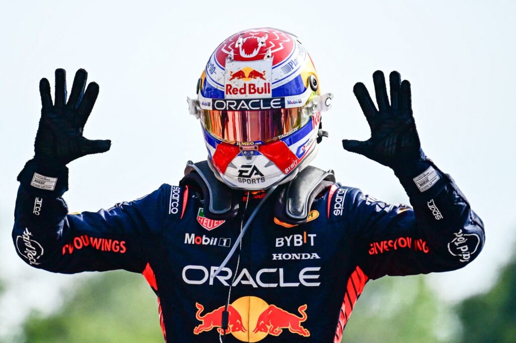 Red Bull Racing's Dutch driver Max Verstappen celebrates after winning the Italian Formula One Grand Prix race at Autodromo Nazionale Monza circuit, Monza, Italy, Sept. 3, 2023. (AFP Photo)