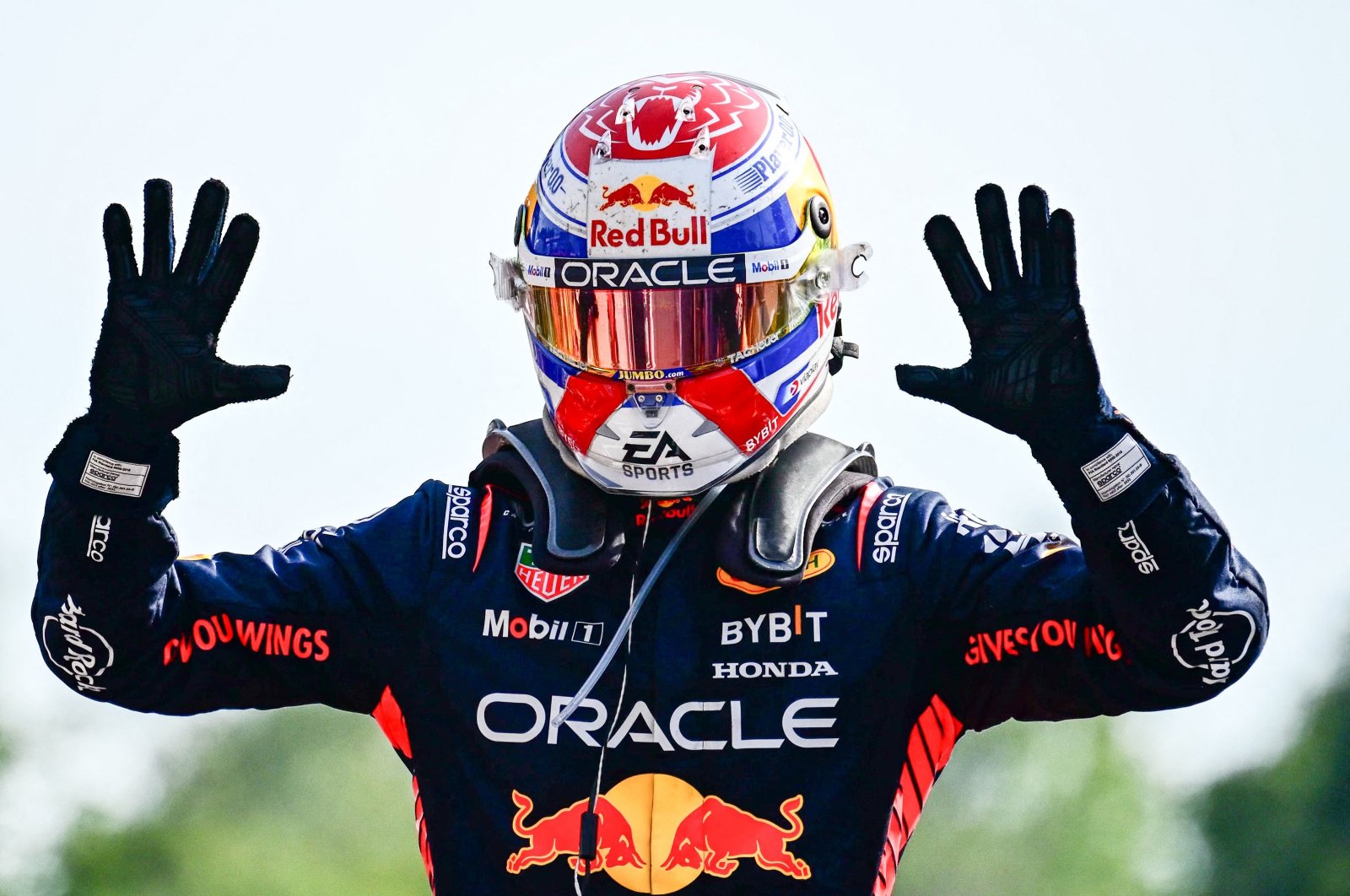 Red Bull Racing's Dutch driver Max Verstappen celebrates after winning the Italian Formula One Grand Prix race at Autodromo Nazionale Monza circuit, Monza, Italy, Sept. 3, 2023. (AFP Photo)