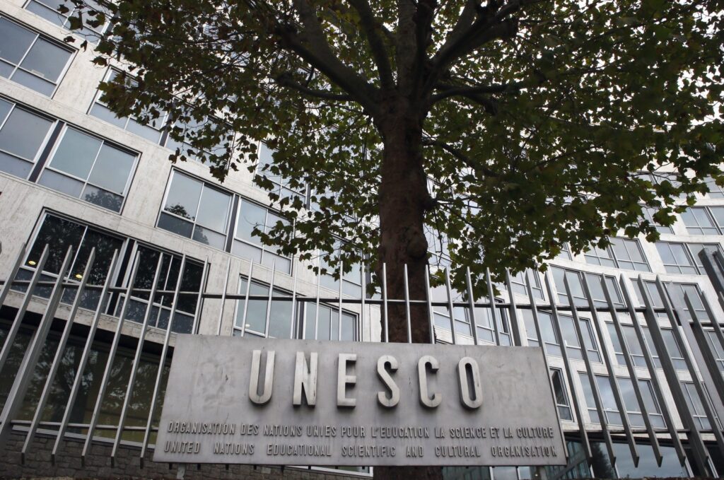 The United Nations Educational Scientific and Cultural Organization logo is pictured on the entrance at UNESCO's headquarters in Paris, Oct. 17, 2016. (AP File Photo)